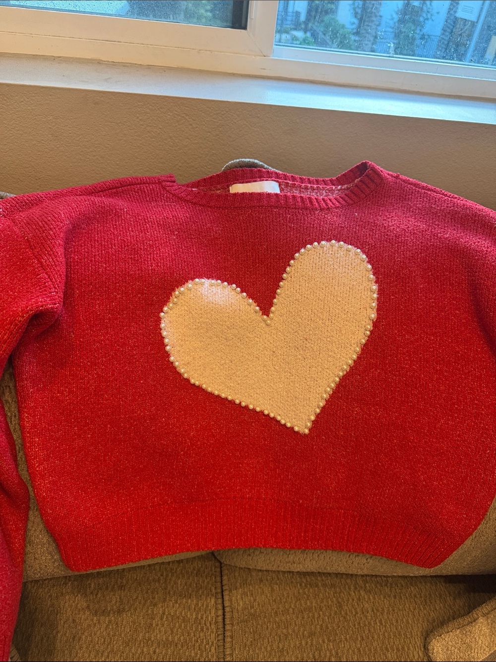 Pink Rose Red Crewneck Sweater with Cream Heart and Pearl Trim